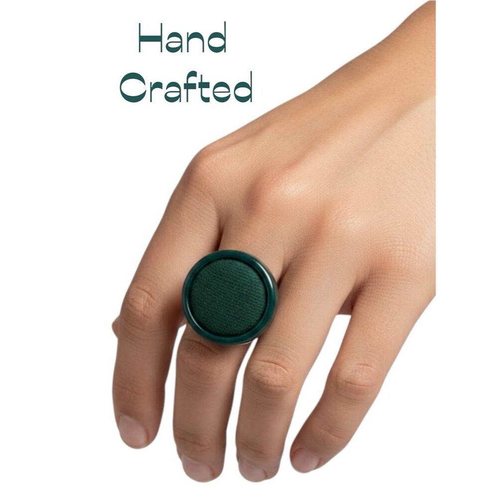 Hand Crafted Antique Green Fabric 1970s Button Repurposed Into Ring NWT OS